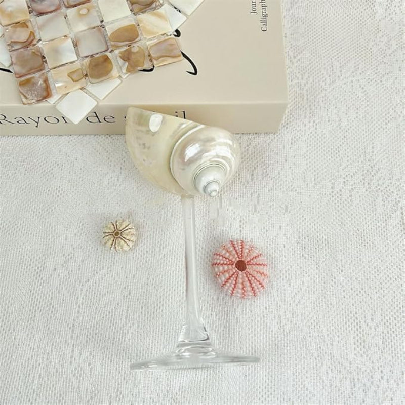 A seashell wine glass with a clear stem and base, holding a pearlescent seashell cup, sits on a white lace tablecloth. Two small, round sea urchin shells, one beige and one pink, are placed beside it. A book with text partially visible in the upper right corner is in the background.