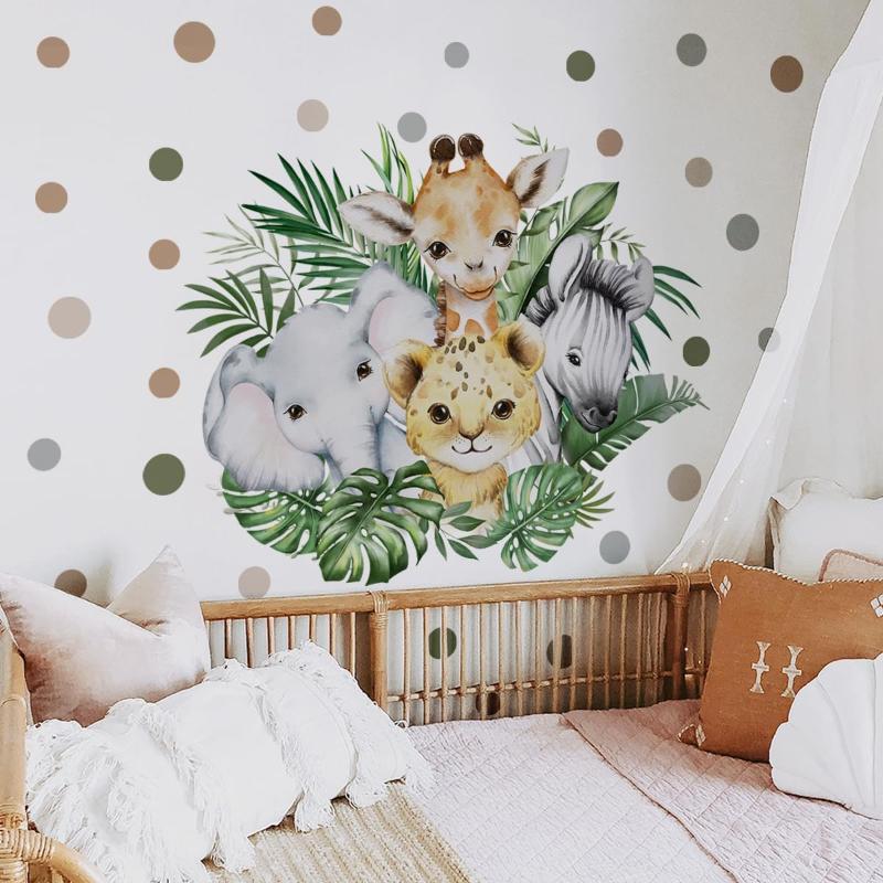 Complete room transformation with animal wall stickers, bringing a jungle-inspired, imaginative vibe to a nursery or playroom.