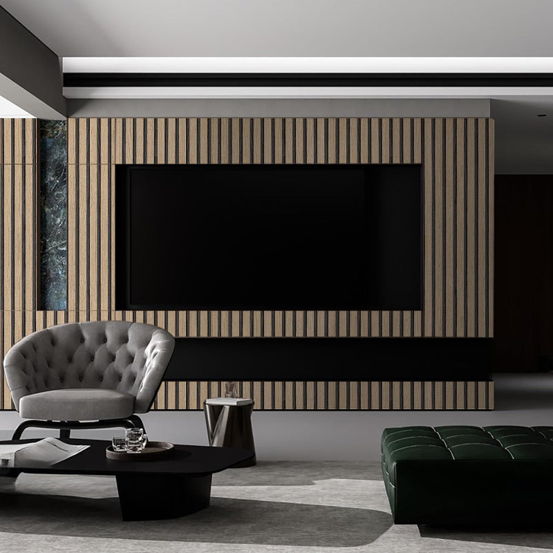 3D natural wood panneling designed around a tv in a luxury living room.