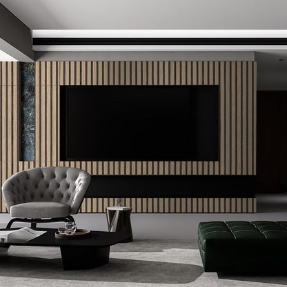 3D natural wood panneling designed around a tv in a luxury living room.