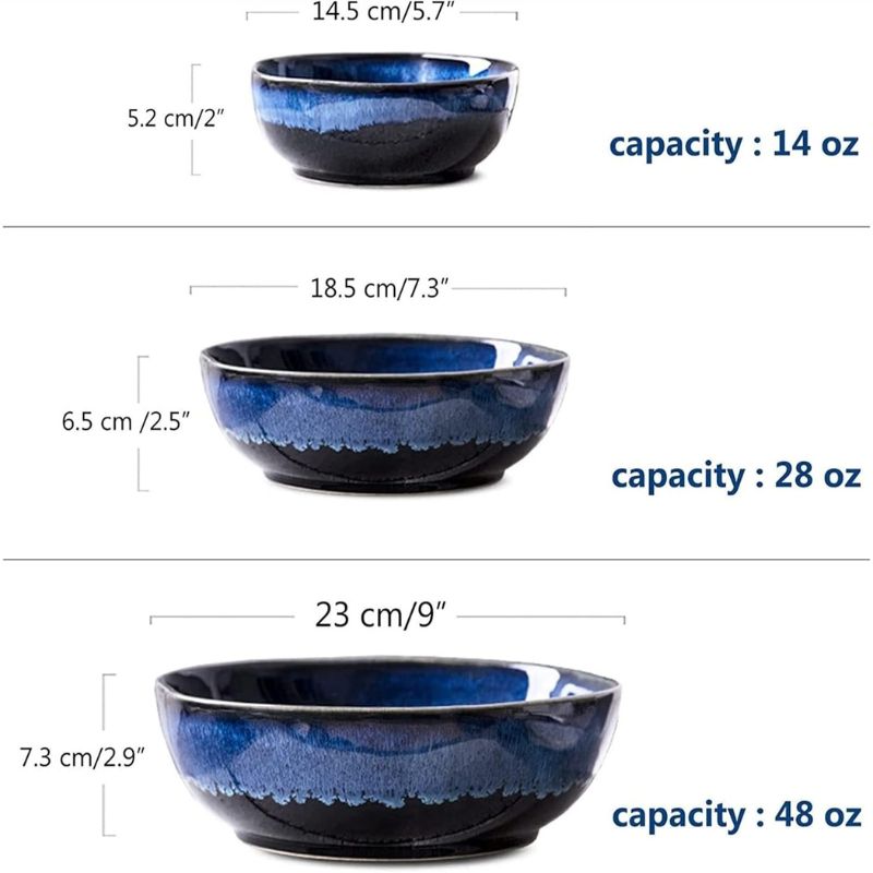 Size comparison of three handcrafted ceramic bowls with a blue gradient glaze. The smallest bowl has a 14 oz capacity (14.5 cm/5.7" diameter, 5.2 cm/2" height), the medium bowl holds 28 oz (18.5 cm/7.3" diameter, 6.5 cm/2.5" height), and the largest has a 48 oz capacity (23 cm/9" diameter, 7.3 cm/2.9" height).