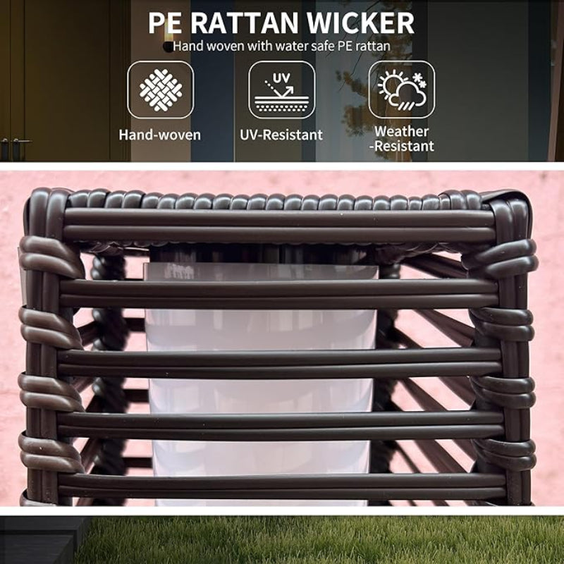 PE rattan wicker chair with features highlighted on a pink background