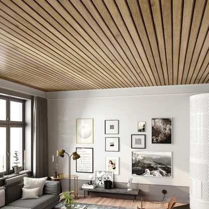 Modern living room with a gray sofa and 3D natural wood panelling on the ceiling.