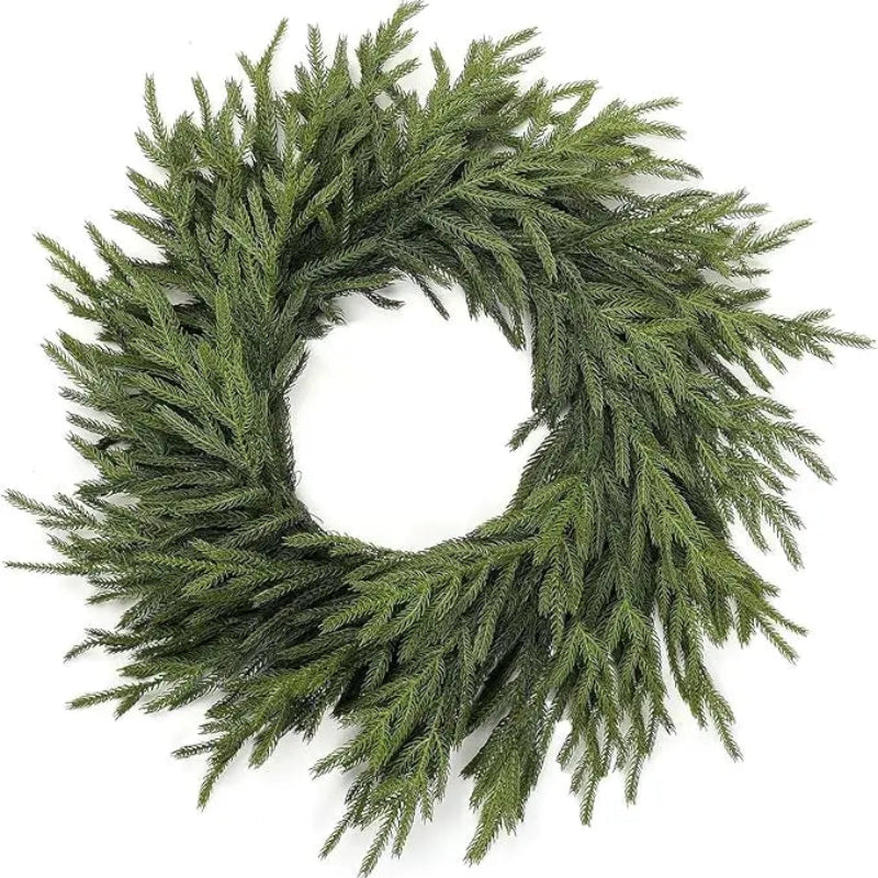 A full, green pine needle wreath.