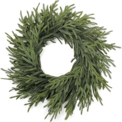 A full, green pine needle wreath.