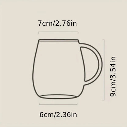 A simple line-art diagram of a glass mug with its dimensions listed: 7cm/2.76in top diameter, 6cm/2.36in bottom diameter, and 9cm/3.54in height.