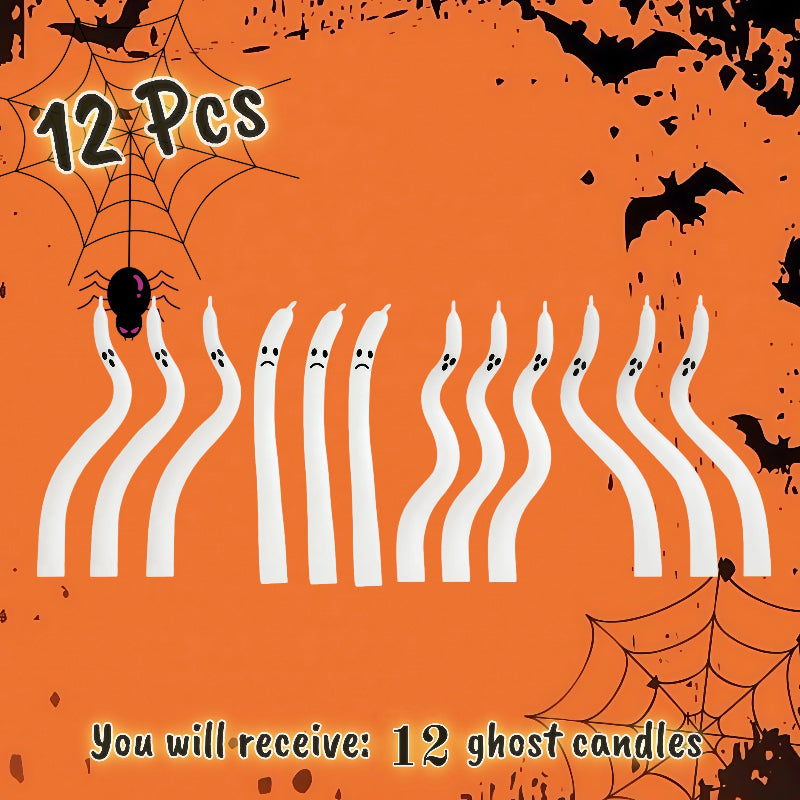Halloween-themed product packaging with ghost candles on an orange background.