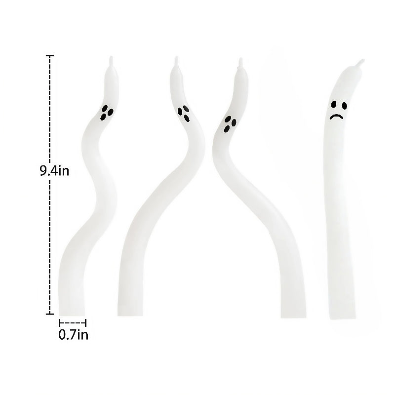 Set of four ghost-shaped straws with measurements on a white background