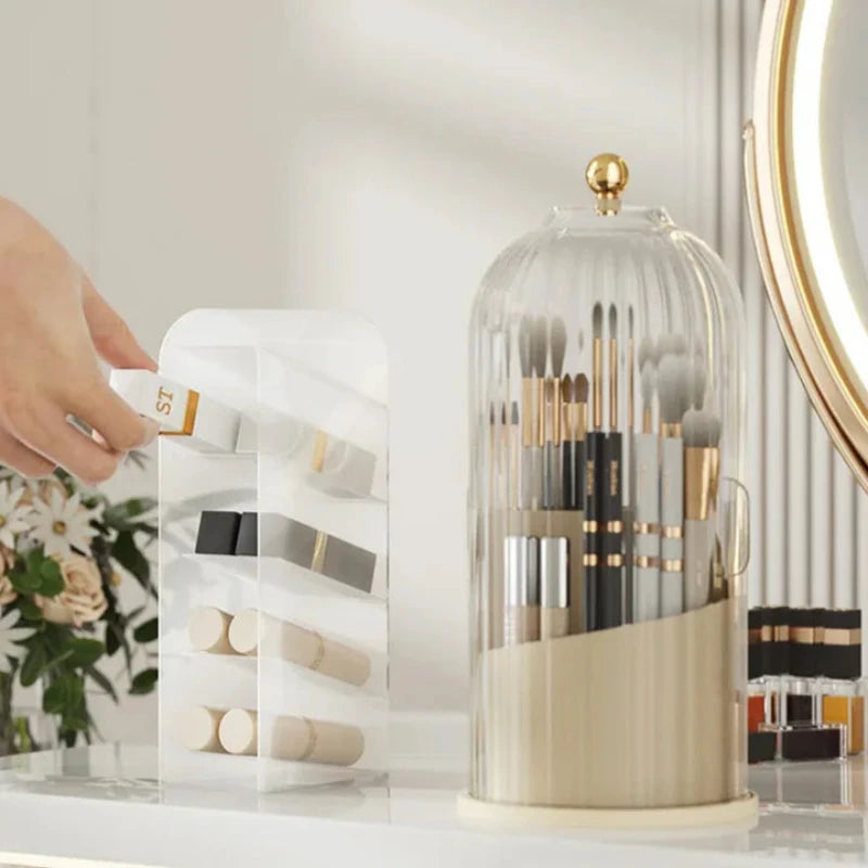 360-degree rotating makeup brush holder for easy access to brushes and cosmetics.