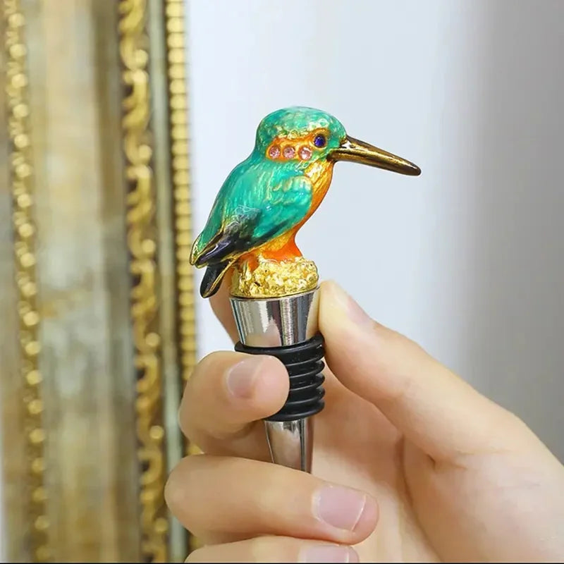 Whimsical bird bottle stopper adding personality and flair to your wine bottles.