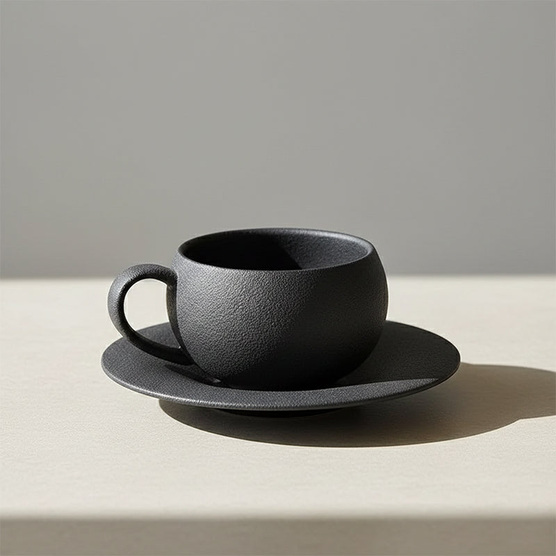 Textured matte black ceramic coffee cup and saucer set.