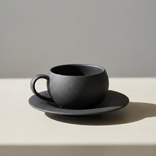 Textured matte black ceramic coffee cup and saucer set.