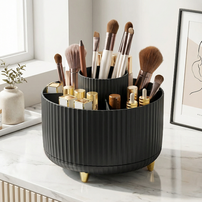 Minimal black rotating makeup organizer for organized makeup storage.