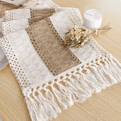 Boho table runner with intricate patterns adding a rustic charm to the dining table.