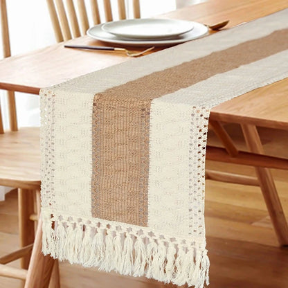 Neutral-toned Boho table runner with fringe details for a relaxed, stylish look.