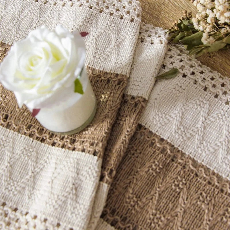 Woven Boho table runner, perfect for farmhouse and bohemian-inspired decor.