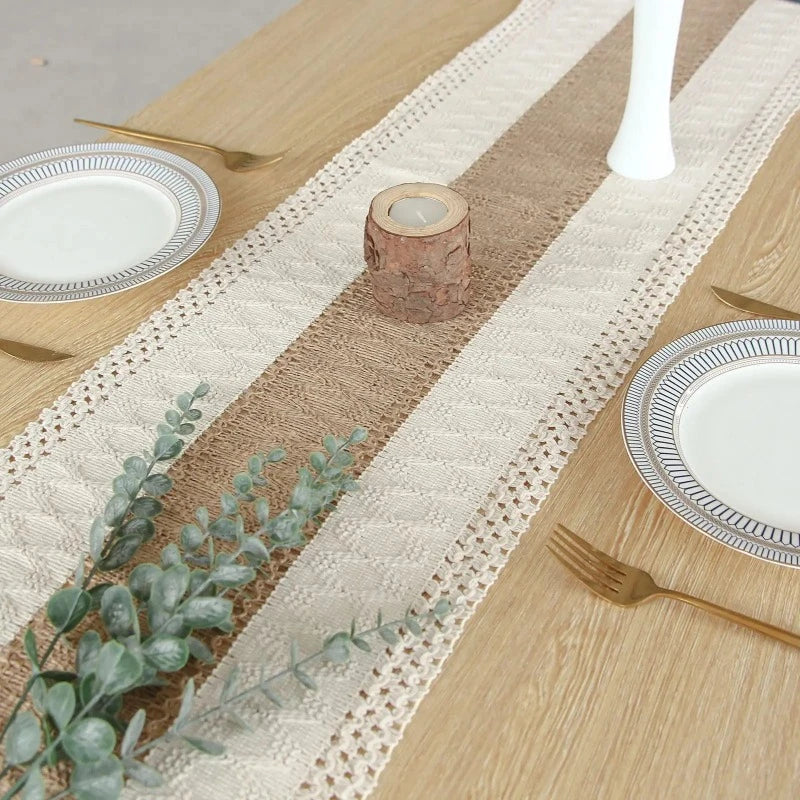 Boho table runner adorning a wooden table for a cozy, natural vibe.