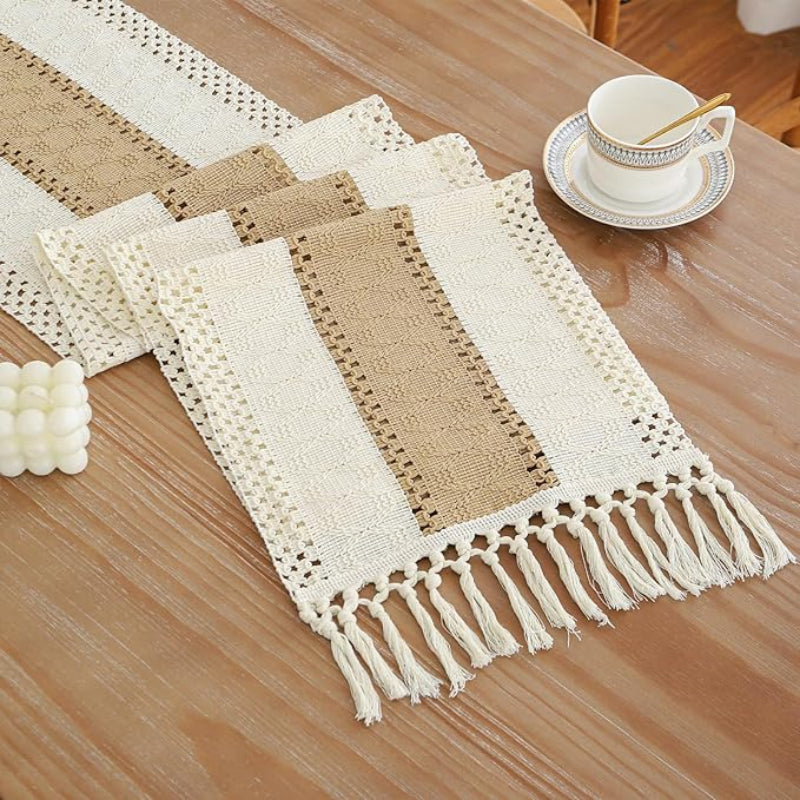 Handcrafted Boho table runner featuring textured designs and earthy colors.