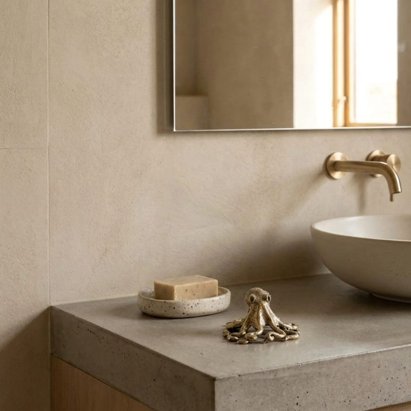 Handcrafted brass octopus figurine on bathroom counter.