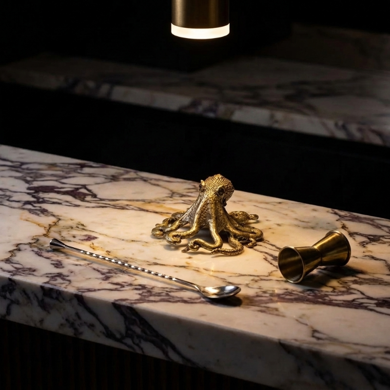 Handcrafted brass octopus figurine on bar counter.