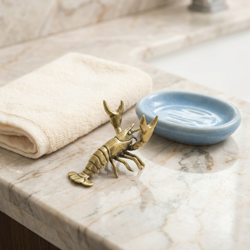 Brass lobster soap dish on a marble countertop with a blue soap dish and white towel.