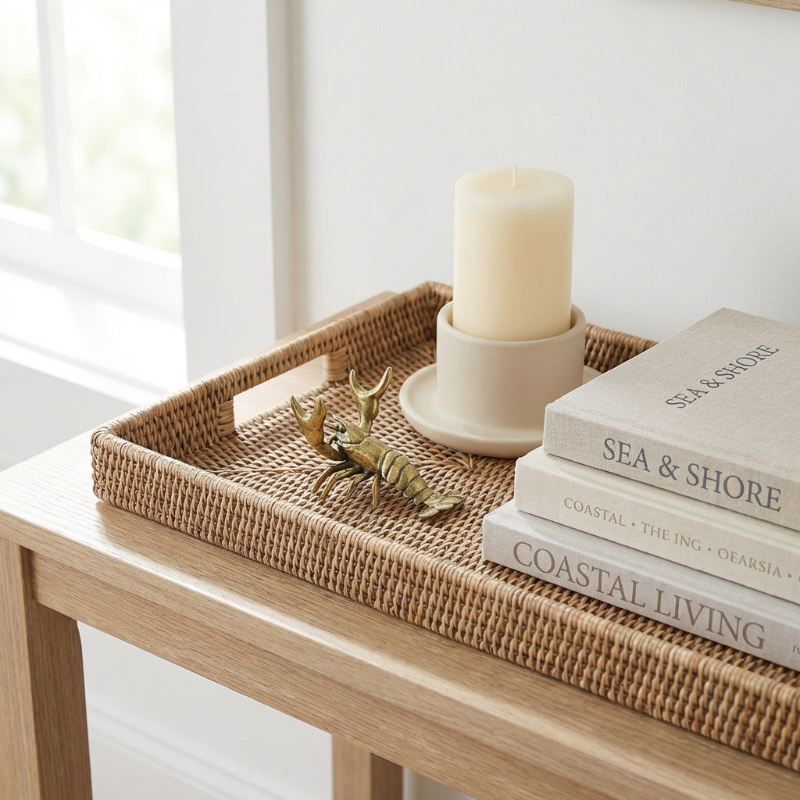 Woven tray on a wooden surface with a candle, decorative object, and books.