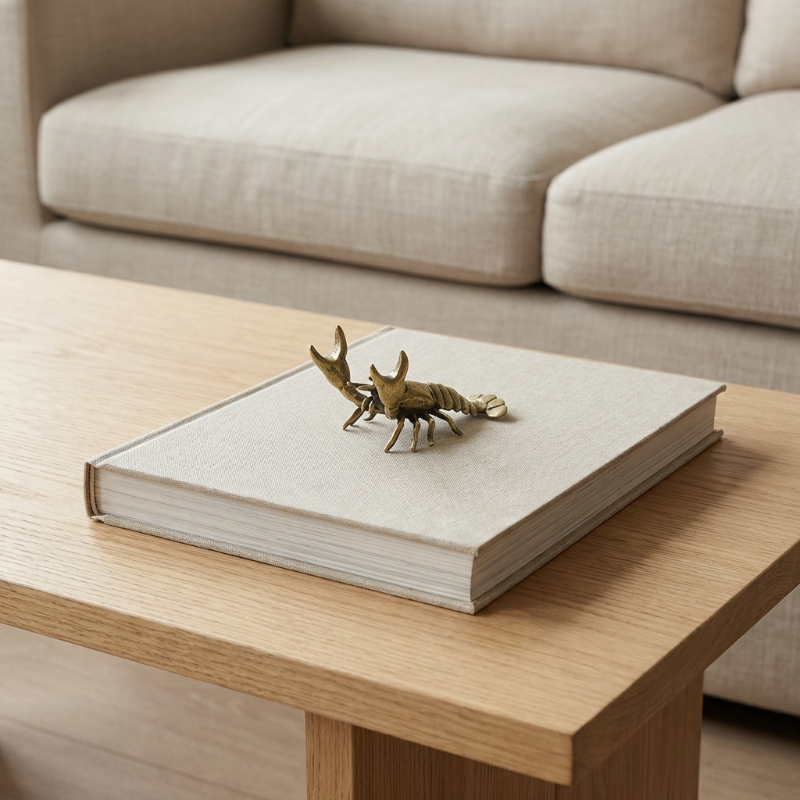 Small bronze sculpture of a lobster on a book on a wooden coffee table with a beige sofa in the background.
