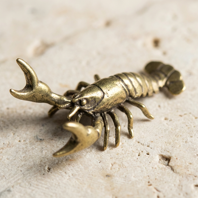 Bronze lobster figurine on a textured beige surface