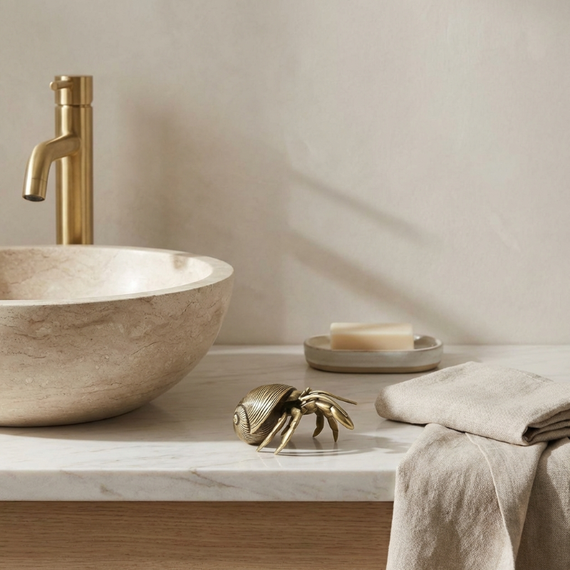 Bathroom sink with gold faucet, towel, and decorative shell on a neutral background