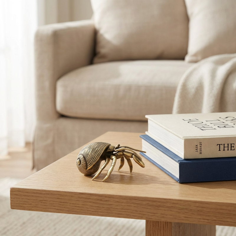 Gold crab figurine on a wooden coffee table with books in a living room setting.