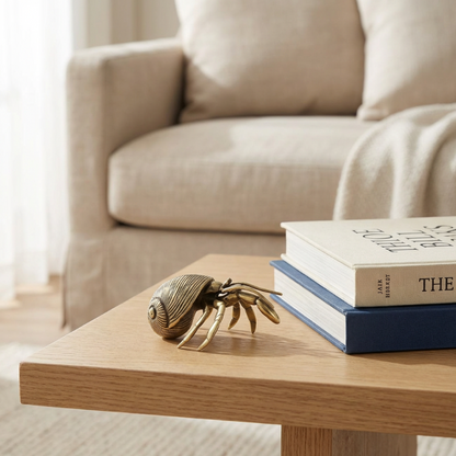 Gold crab figurine on a wooden coffee table with books in a living room setting.