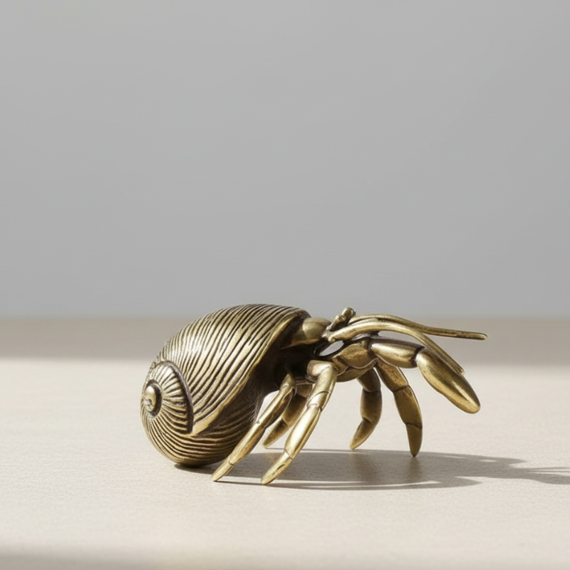 Brass Hermit Crab sculpture on white background – handcrafted coastal home decor by Kiyo Home