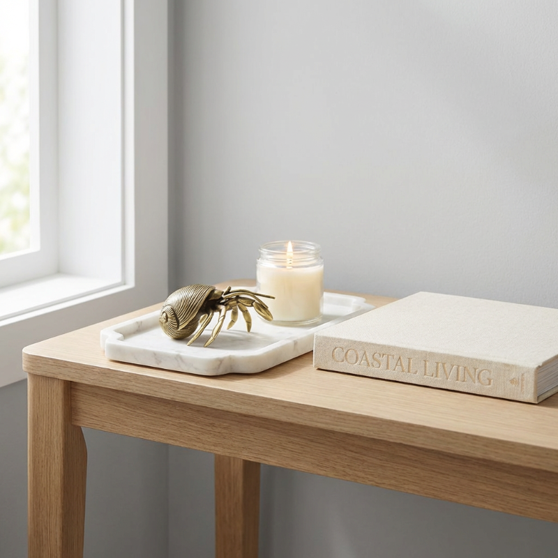 Decorative items on a wooden table with a candle, shell, and 'Coastal Living' book.