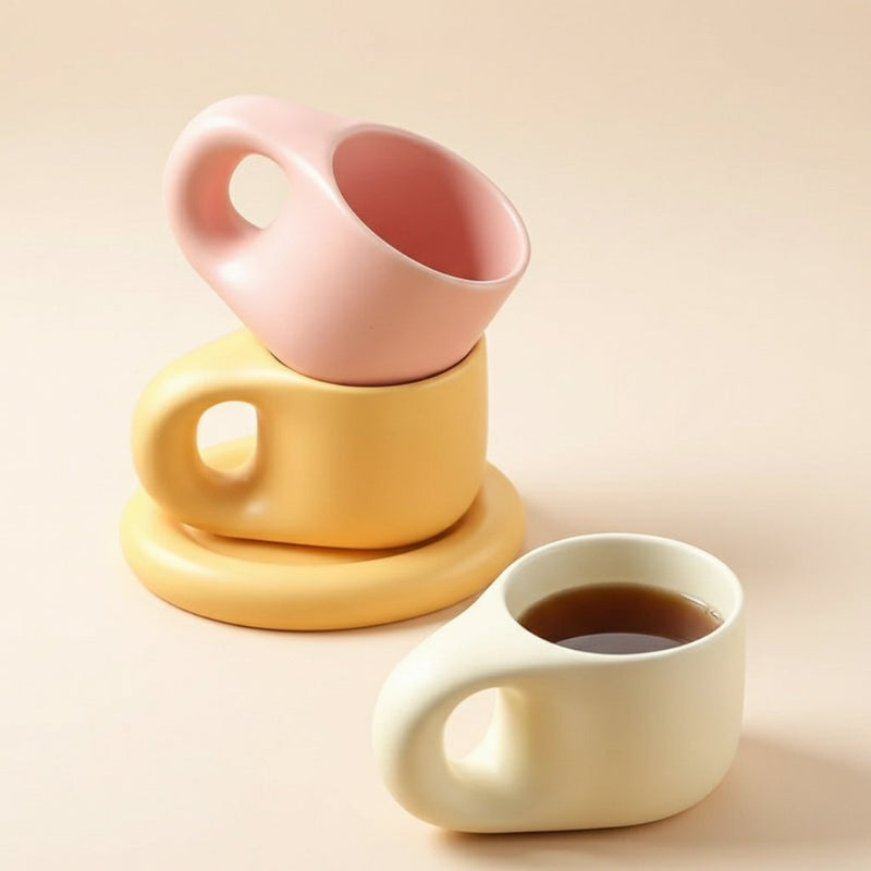 Three ceramic cups in pink, yellow, and white on a beige background