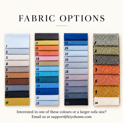 Fabric options card with numbered corduroy, suede, and boucle swatches in the available chair colors