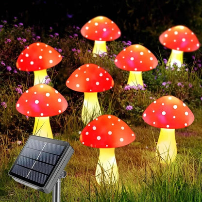 Bright and cheerful solar mushrooms casting a soft glow, adding charm to outdoor spaces.