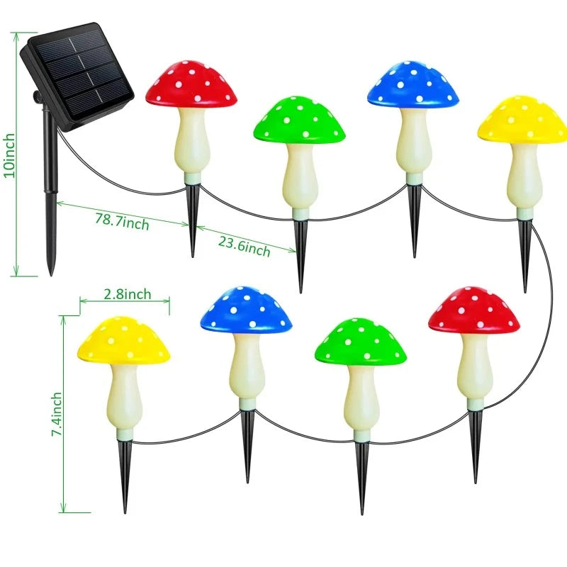 A set of colorful solar mushrooms lighting up the night, ideal for garden or patio decoration.