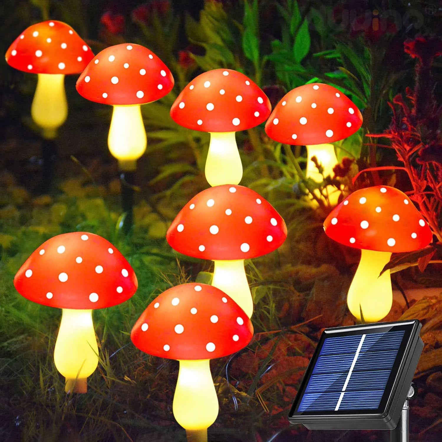 Whimsical solar-powered mushrooms in vibrant hues, creating a magical outdoor atmosphere.