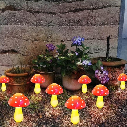 Enchanting solar-powered mushroom lights in a rainbow of colors, perfect for outdoor ambiance.