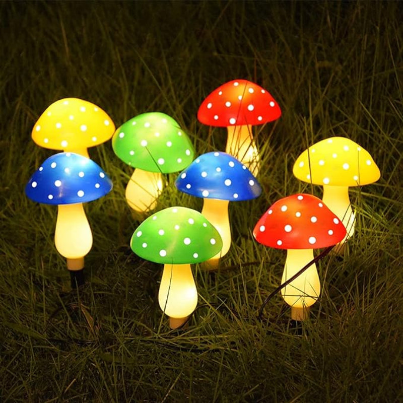 Playful and vibrant solar mushrooms glowing at night, adding a magical feel to any garden