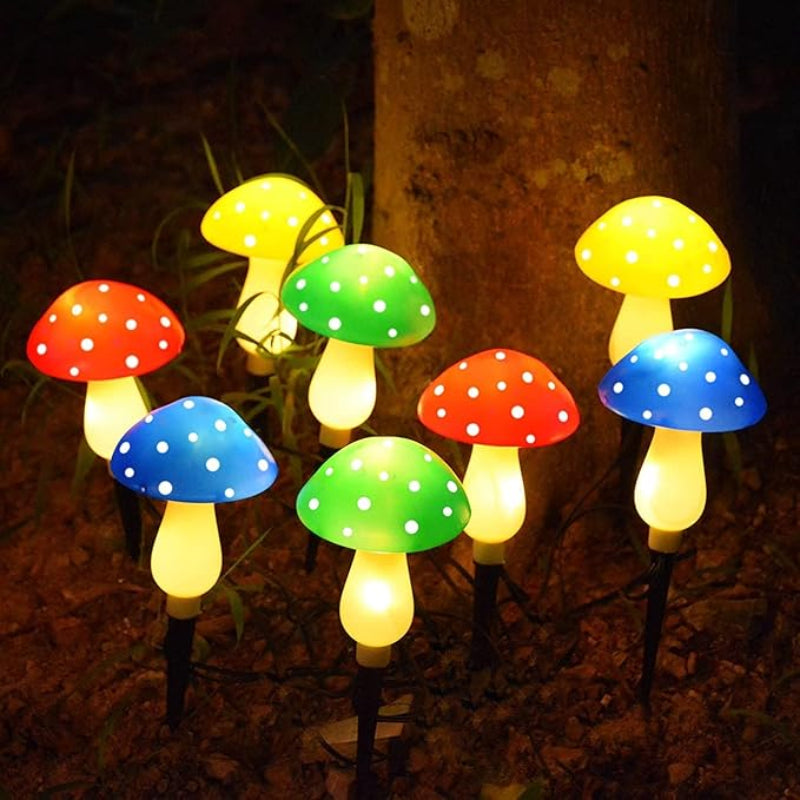 Set of colorful mushroom-shaped solar lights, blending whimsy with eco-friendly design.