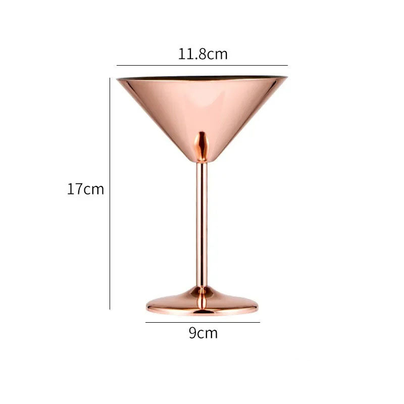 A product image of a copper-colored martini glass with its dimensions labeled.