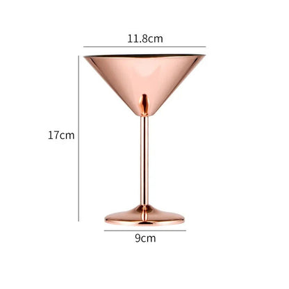 A product image of a copper-colored martini glass with its dimensions labeled.