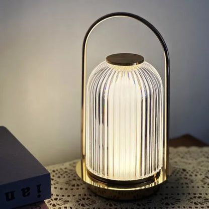 Decorative lamp with a ribbed design on a table