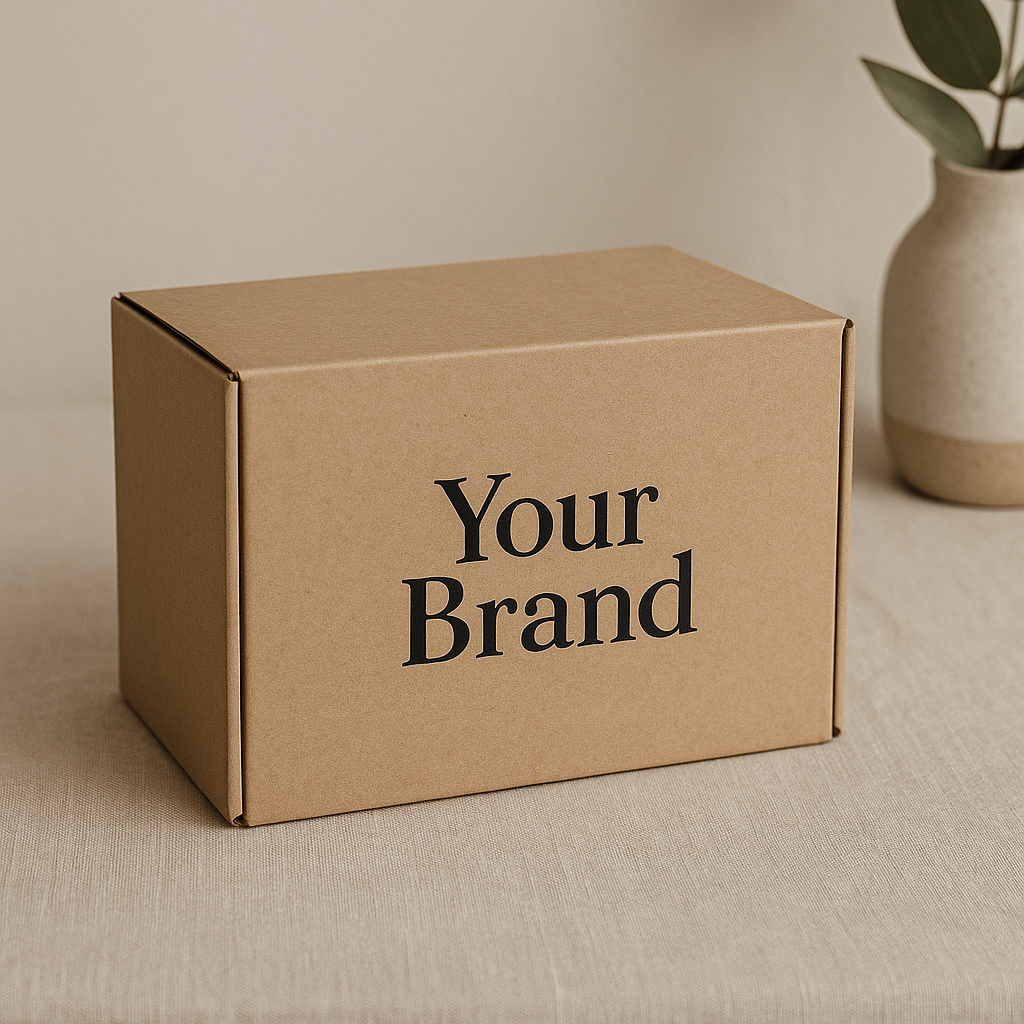Brown cardboard box with 'Your Brand' text on a neutral background