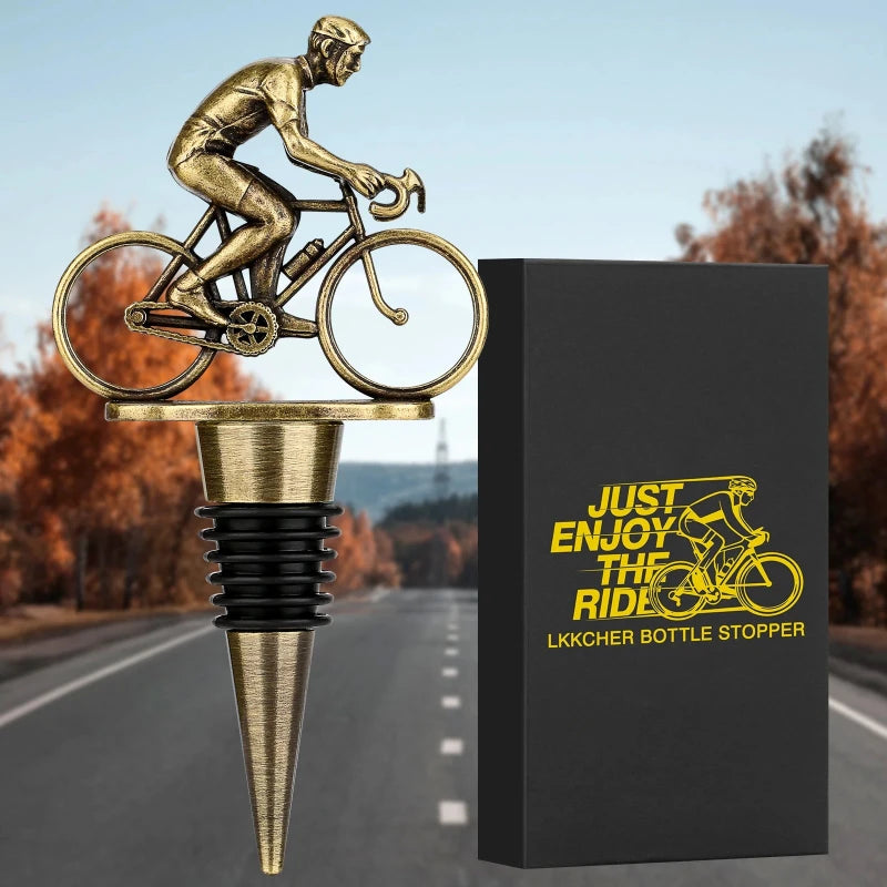 Unique cyclist bottle stopper featuring a miniature bike rider design.