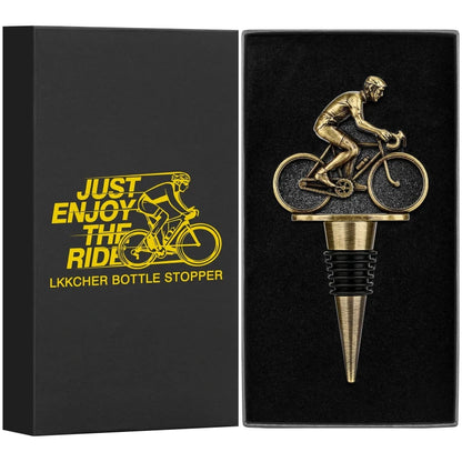 Zoomed-in view of the cyclist bottle stopper, highlighting the intricate details of the miniature cyclist figure.