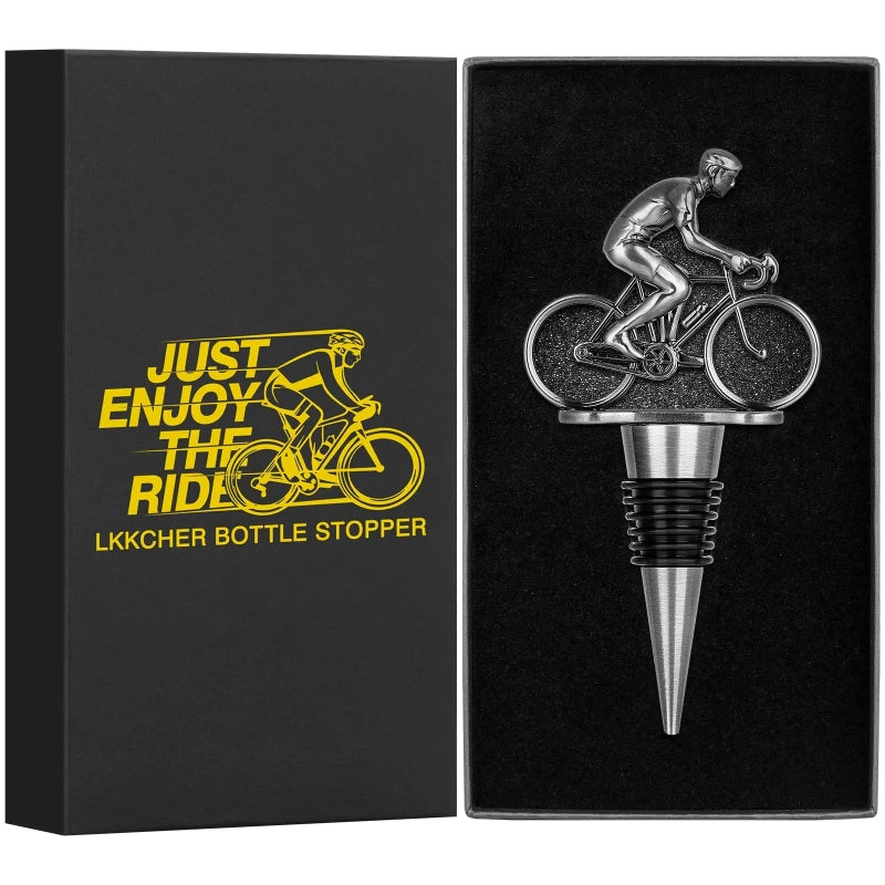 Cyclist-themed bottle stopper featuring a detailed miniature rider on a bike, designed for wine lovers and cycling enthusiasts."