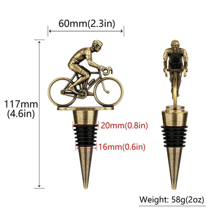 Cyclist bottle stopper, measuring approximately 4.6 inches in height, with a durable rubber base for a secure fit on wine bottles.