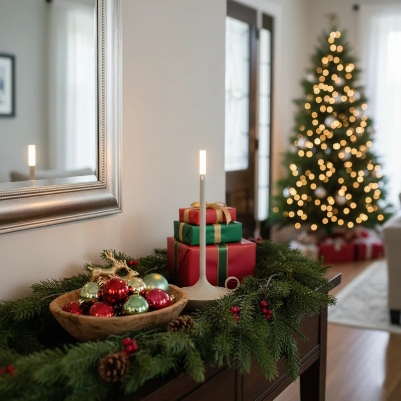 Decorative Christmas mantel with presents, ornaments, and a lit candle in a home setting.